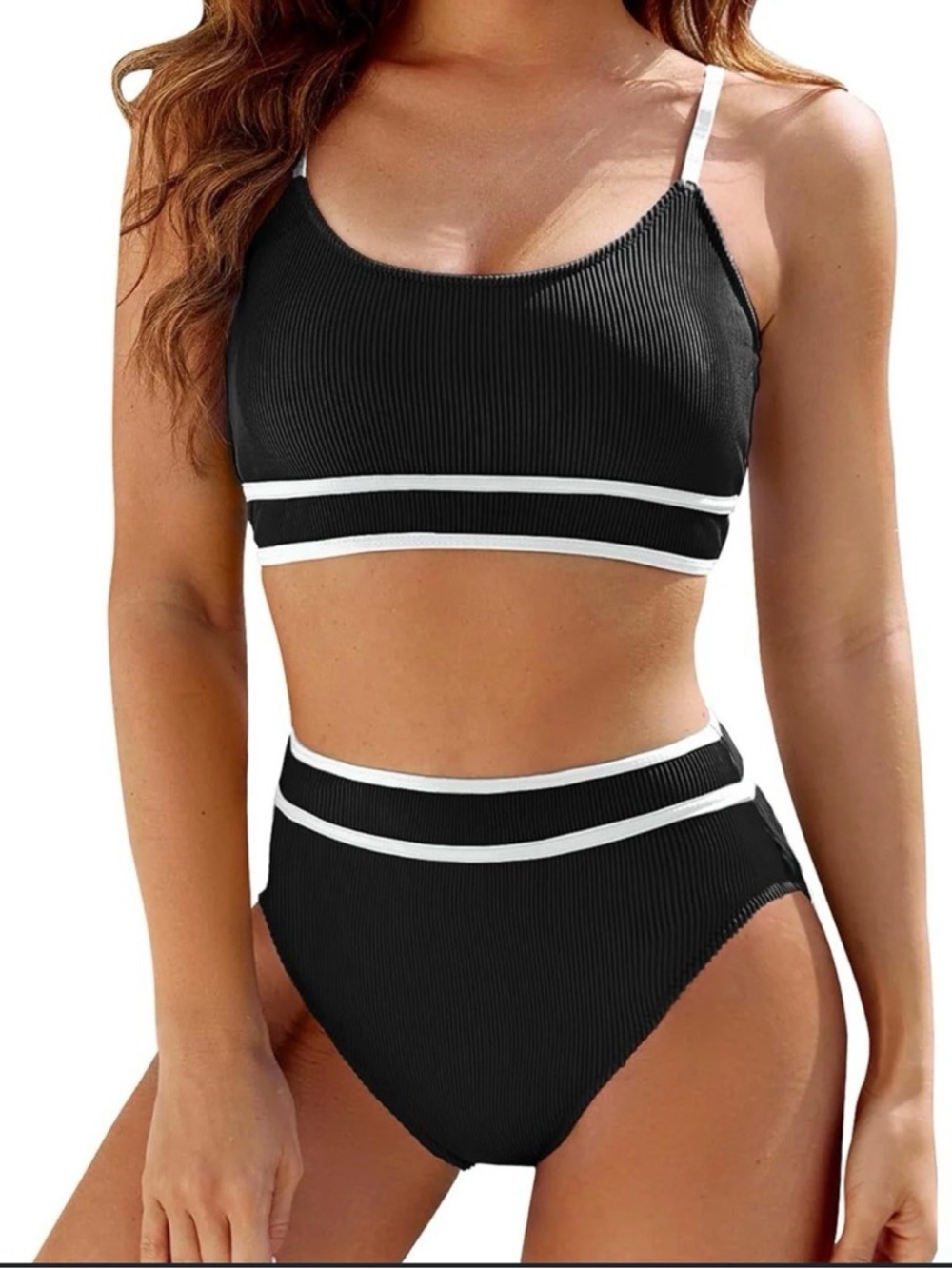 (12) NWT Blooming Jelly Black Ribbed High-Waist Bikini with White Trim